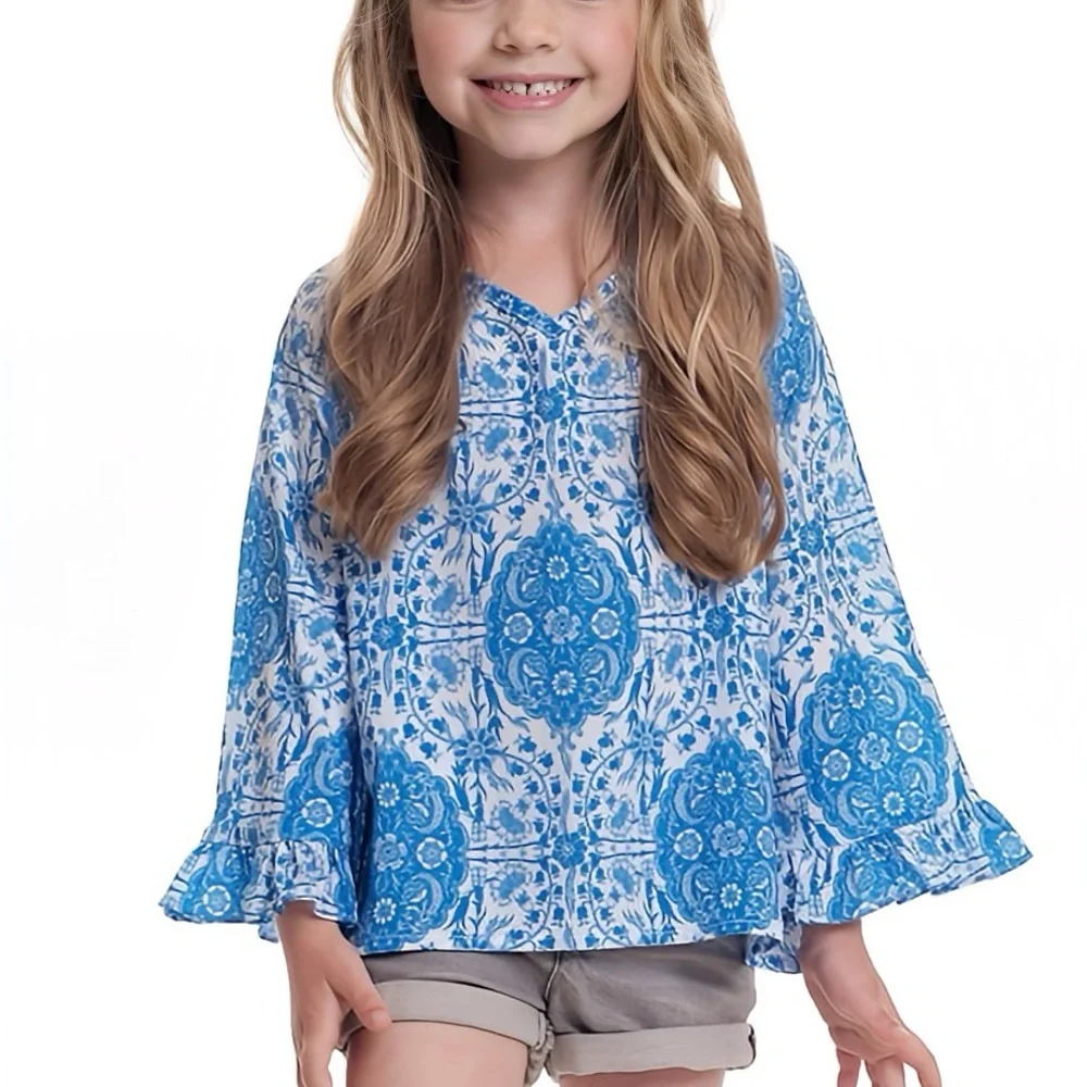Persnickety Girls Blue Floral Bell Sleeve Top - Size 3T - Picture 7 of 7
